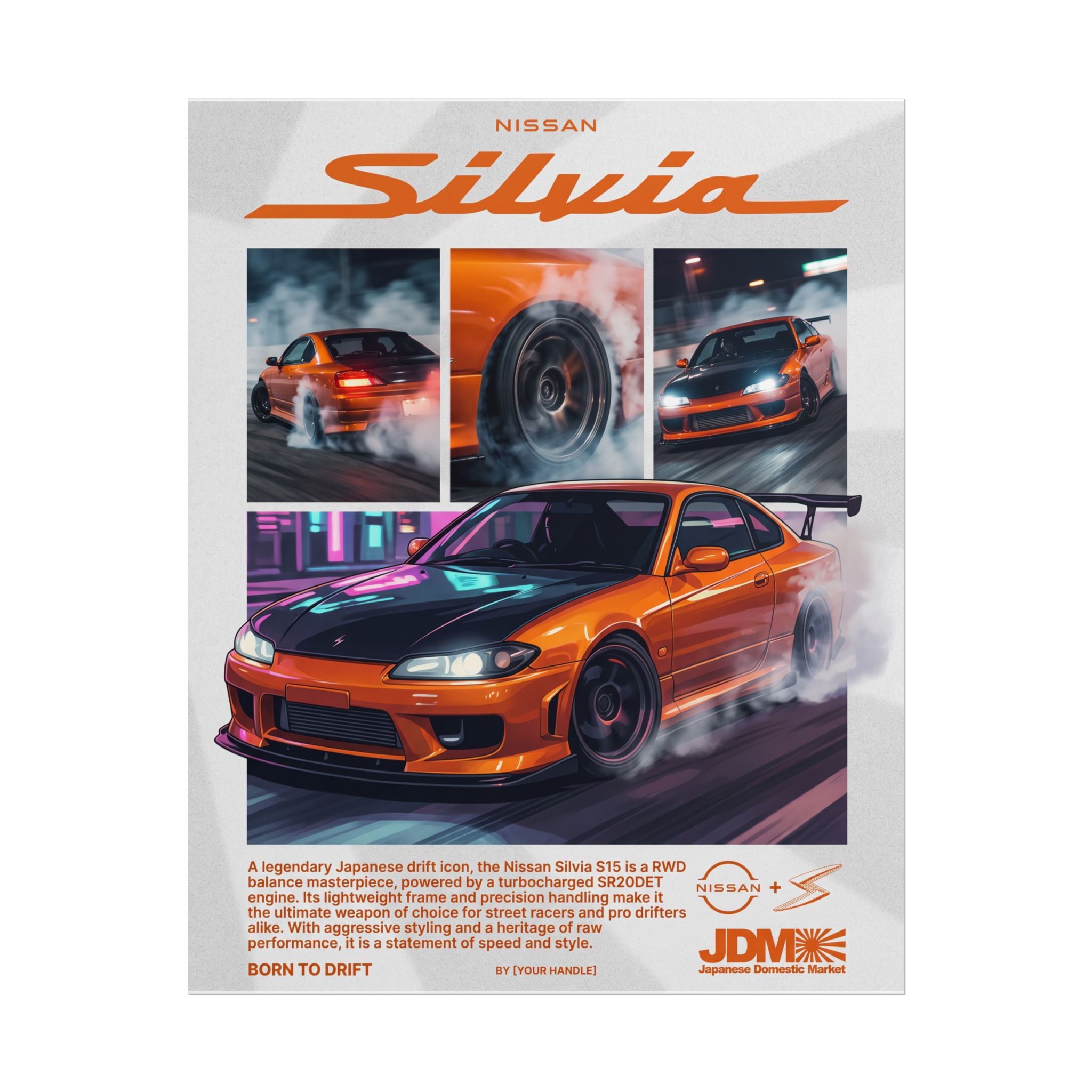 Nissan Silvia S15 Poster – Orange JDM Drift Wall Art (Rolled Print)