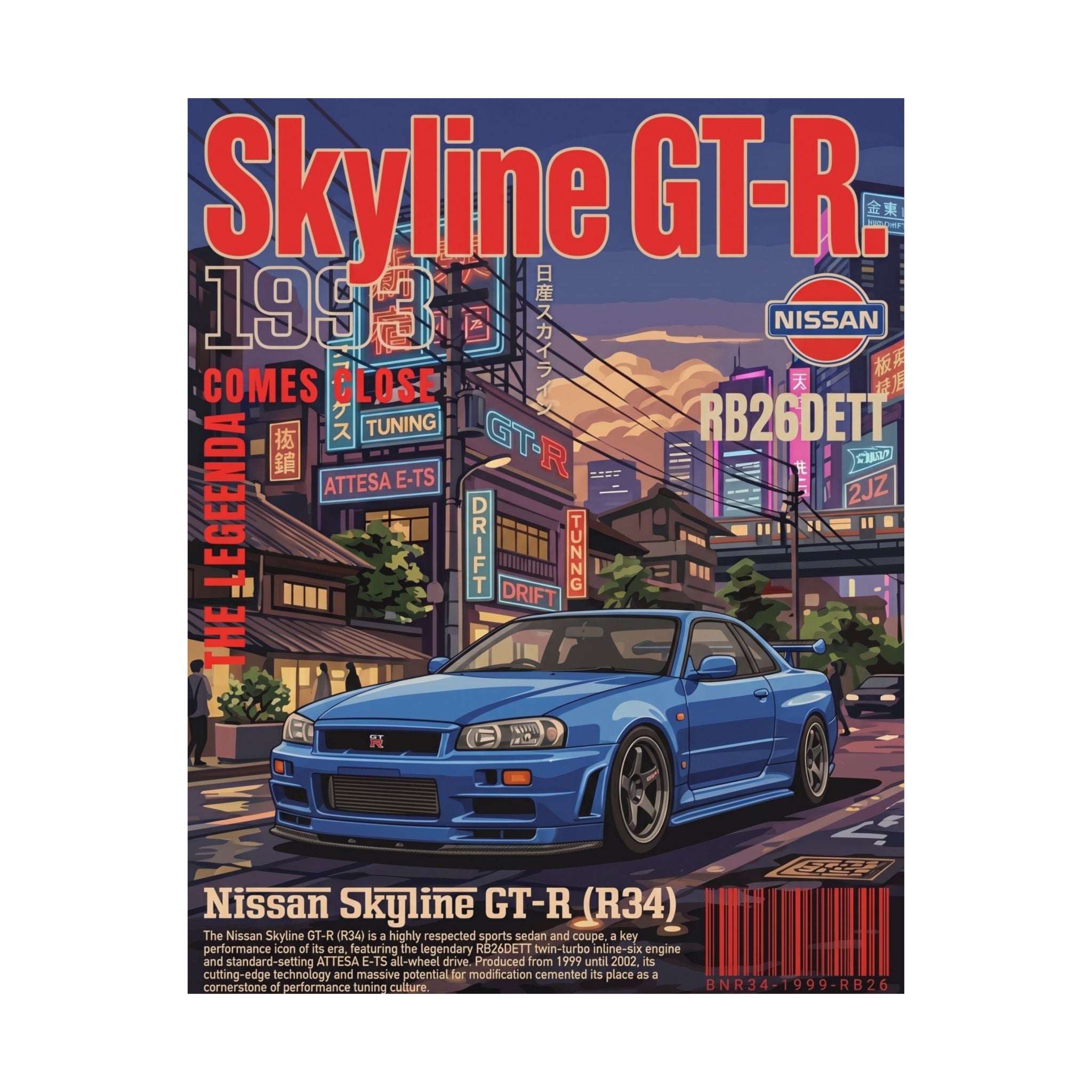 Nissan Skyline GT-R R34 Poster — 1993 Tokyo Street Art Matte Vertical Print