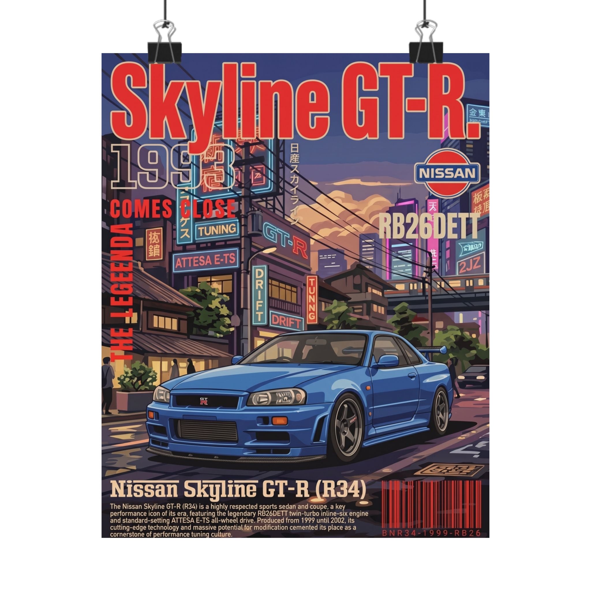 Nissan Skyline GT-R R34 Poster — 1993 Tokyo Street Art Matte Vertical Print