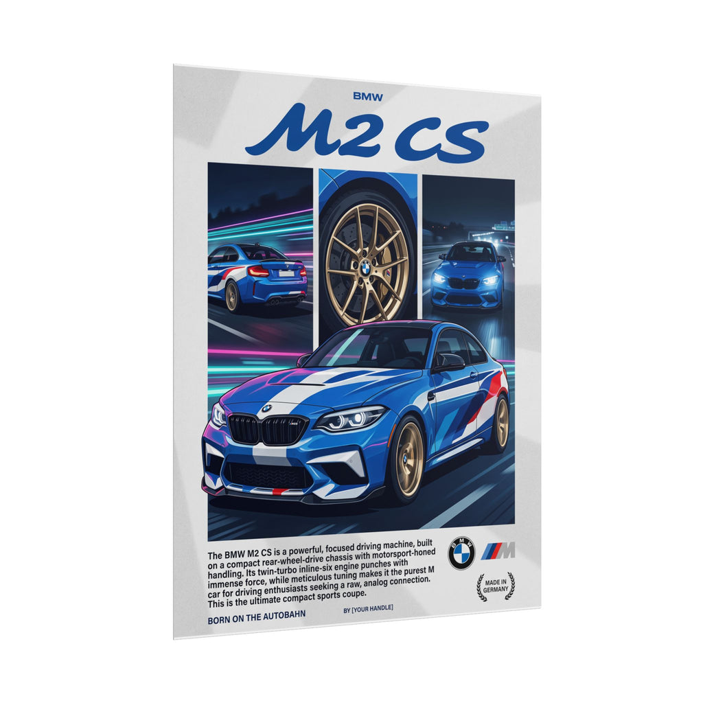 BMW M2 CS Poster – Blue M-Stripe Autobahn Wall Art (Rolled Print)