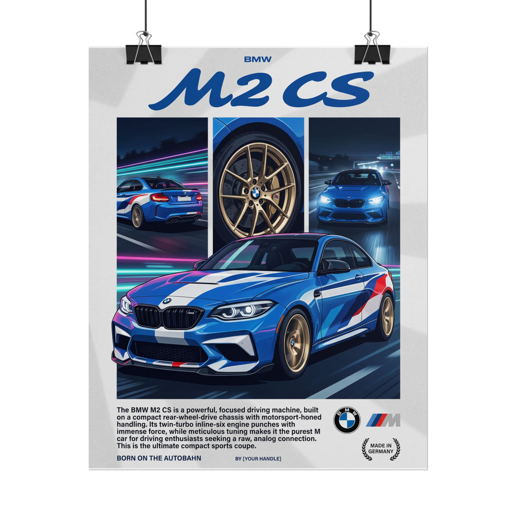 BMW M2 CS Poster – Blue M-Stripe Autobahn Wall Art (Rolled Print)