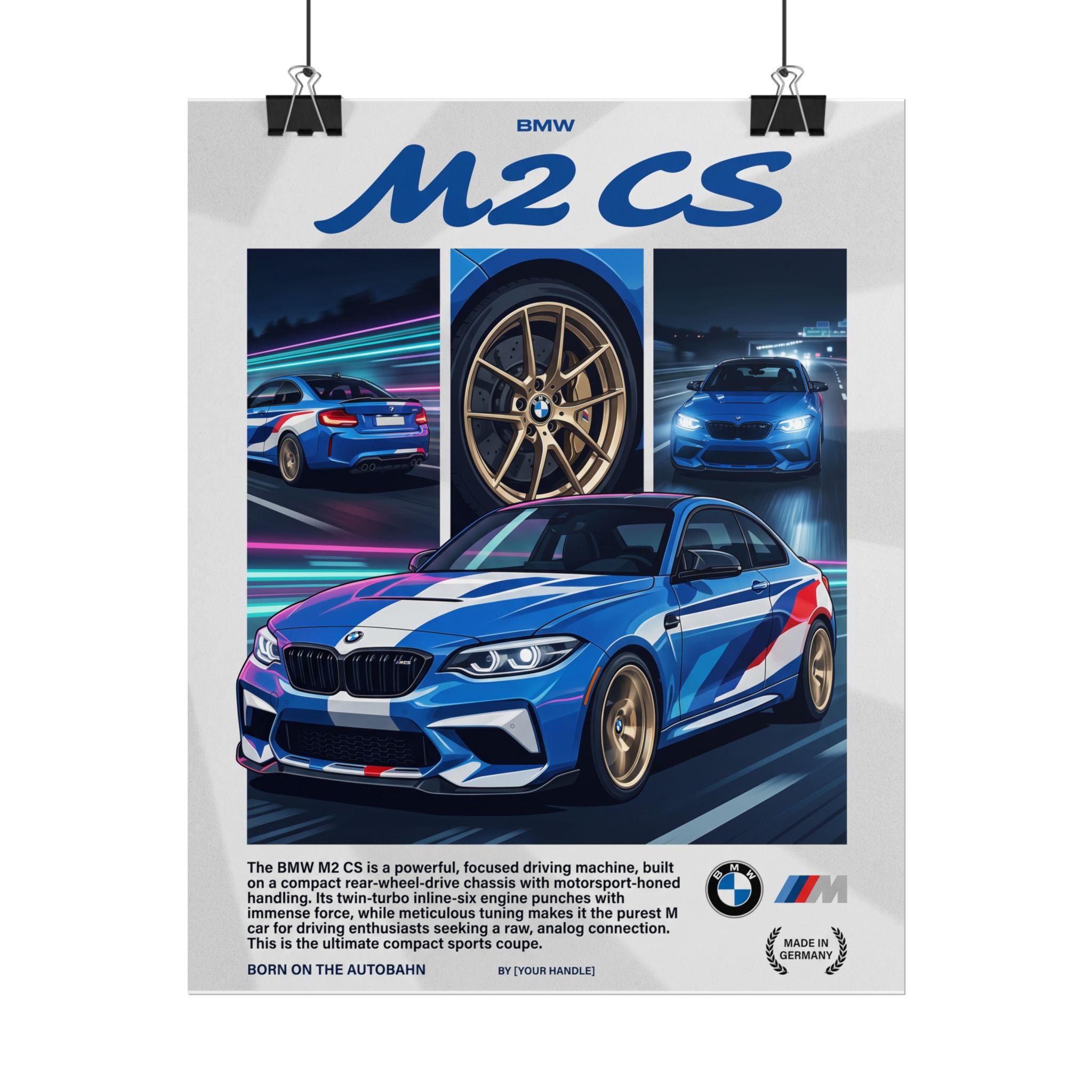 BMW M2 CS Poster – Blue M-Stripe Autobahn Wall Art (Rolled Print)