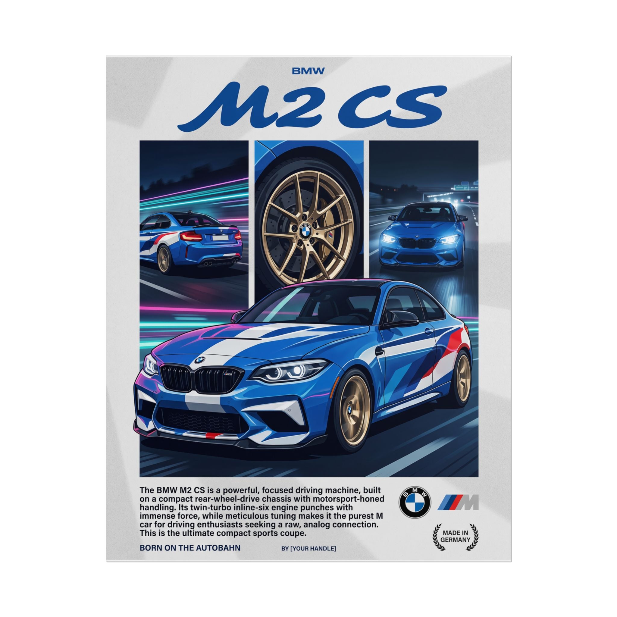 BMW M2 CS Poster – Blue M-Stripe Autobahn Wall Art (Rolled Print)
