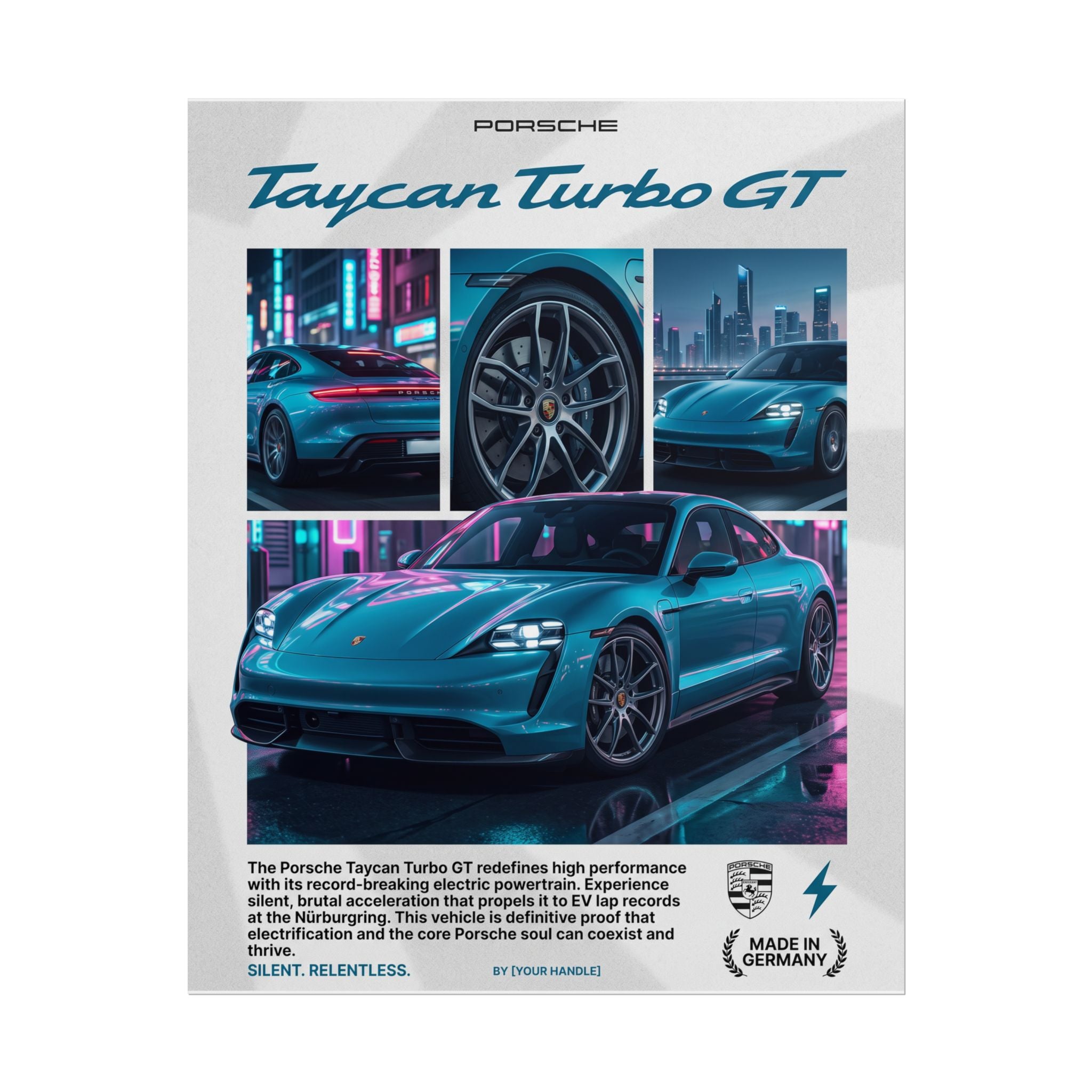Porsche Taycan Turbo GT Poster – Teal Electric Supercar Wall Art (Rolled Print)