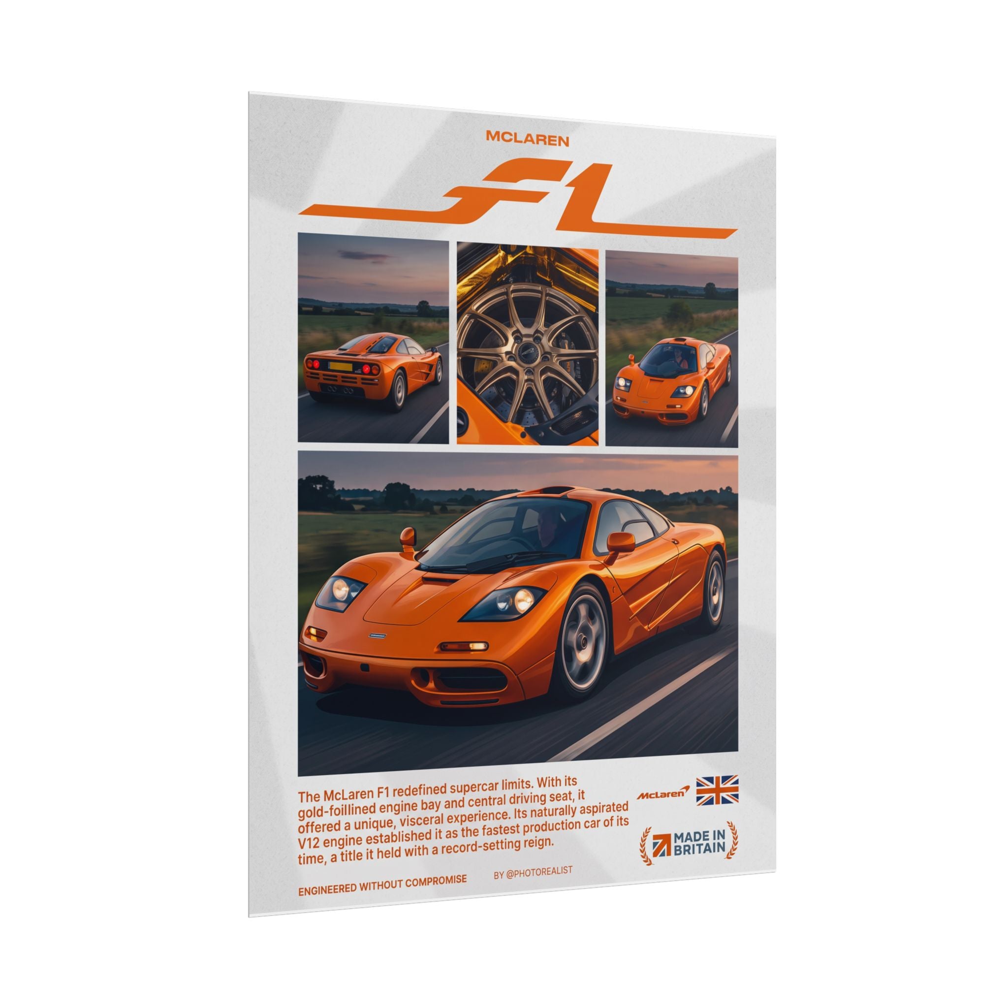 McLaren F1 Poster – Papaya Orange Supercar Wall Art (Rolled Print)