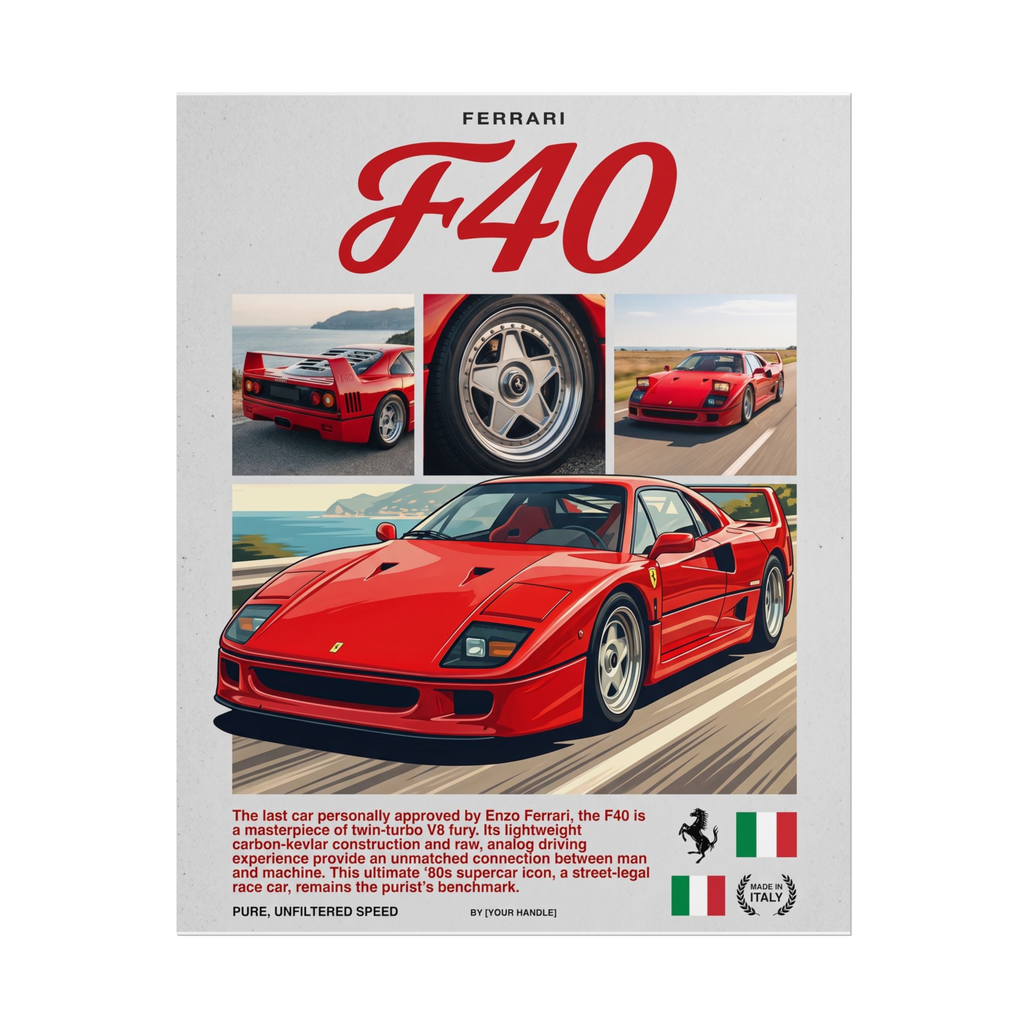 Ferrari F40 Poster – Red Vintage Supercar Wall Art (Rolled Print)