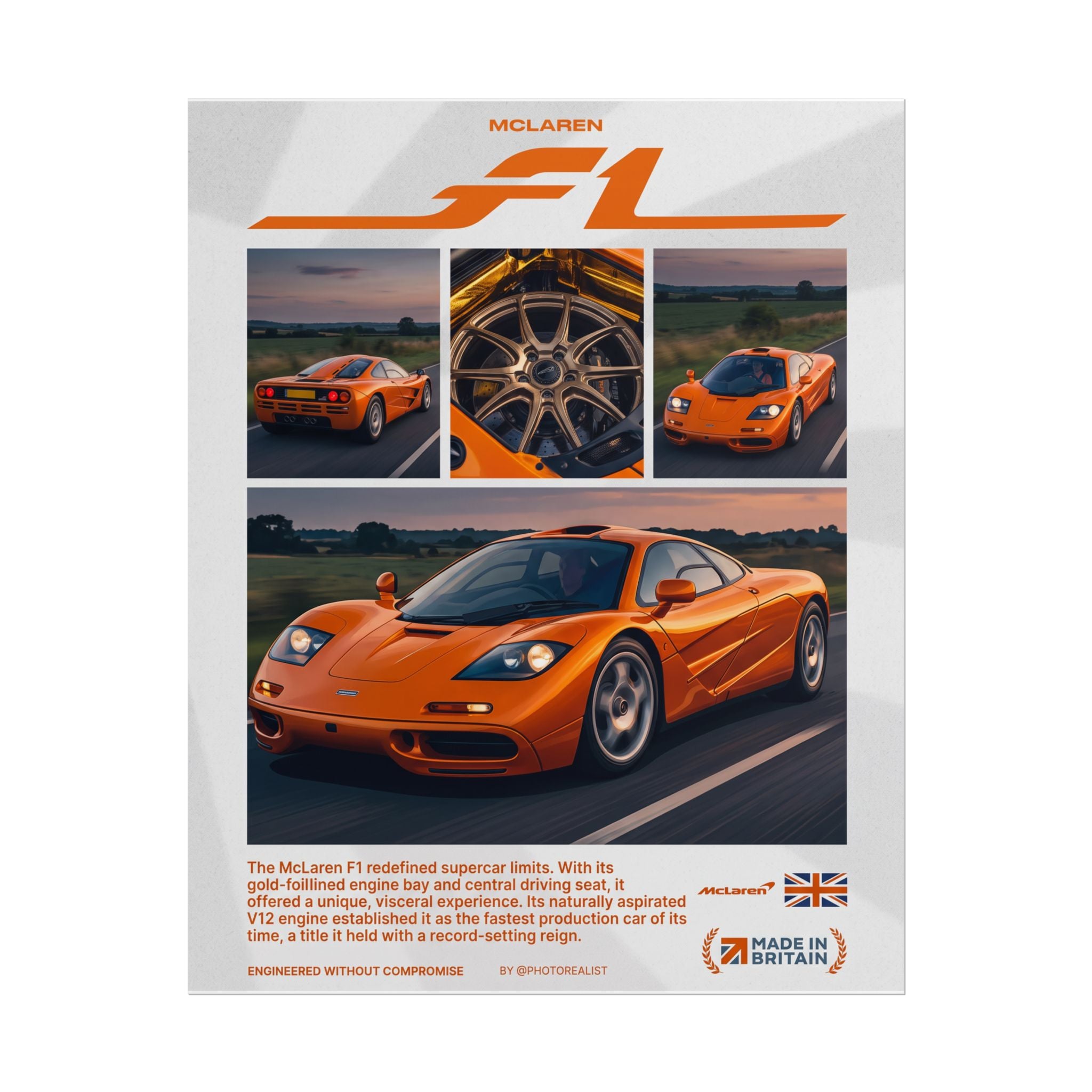 McLaren F1 Poster – Papaya Orange Supercar Wall Art (Rolled Print)