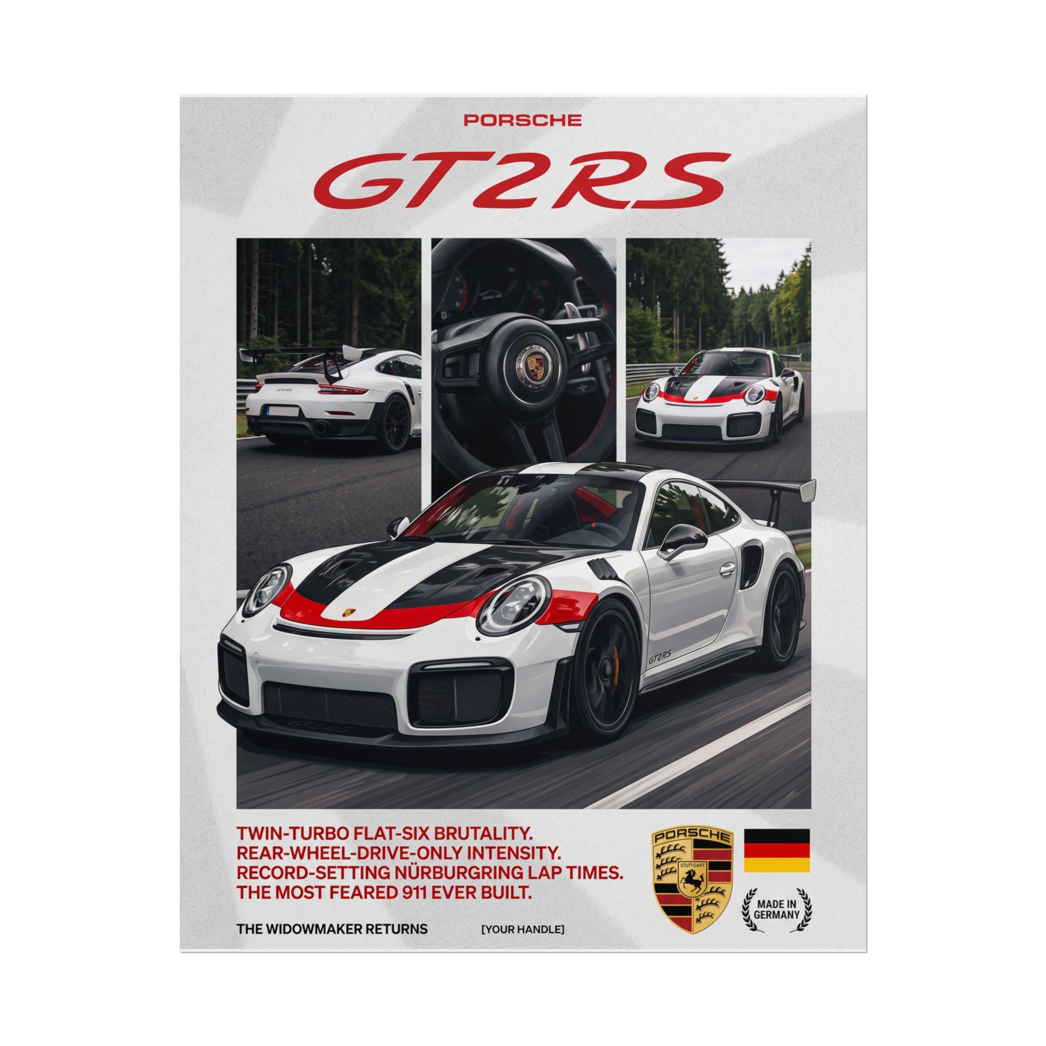 Porsche 911 GT2 RS Poster – White & Red GT Racing Wall Art (Rolled Print)