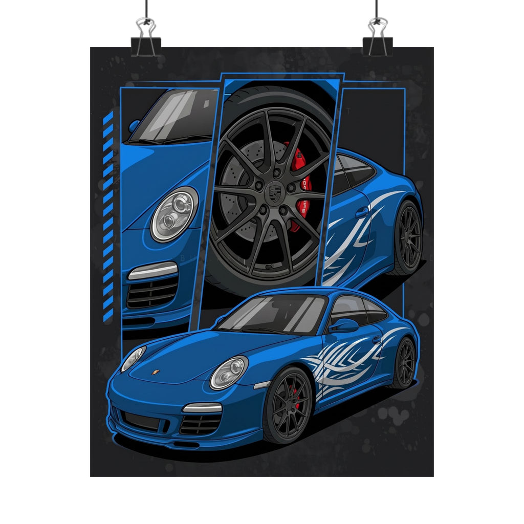 Porsche 911 Poster — Blue 997 Carrera Tribal Livery Matte Vertical Print